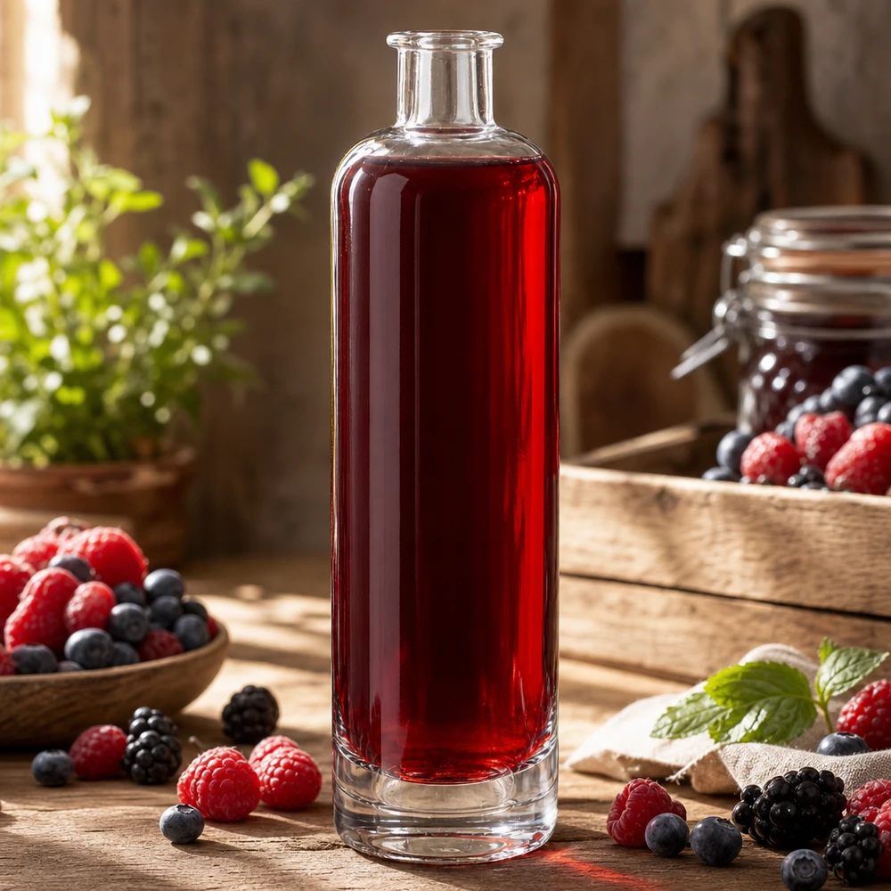 500 ml glazen fles Ella zonder sluiting UNiTWIST® 500 ml glazen fles Ella UNiTWIST gevuld met rode bessensap omringd door verse frambozen en bosbessen