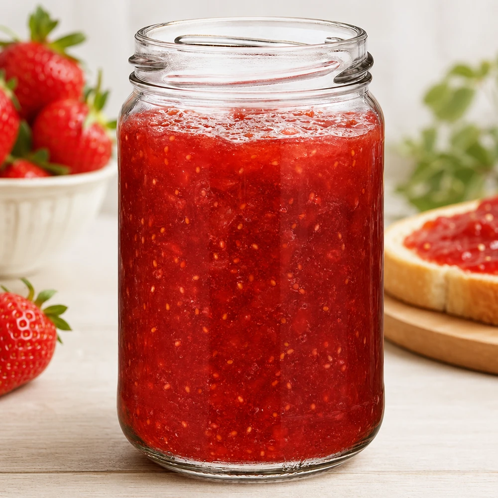 305ml rond glas zonder deksel (TO63) UNiTWIST UNiTWIST Runda305 ronde pot 305ml TO63 gevuld met rode aardbeienjam, inmaakpot voor jam en smeersels