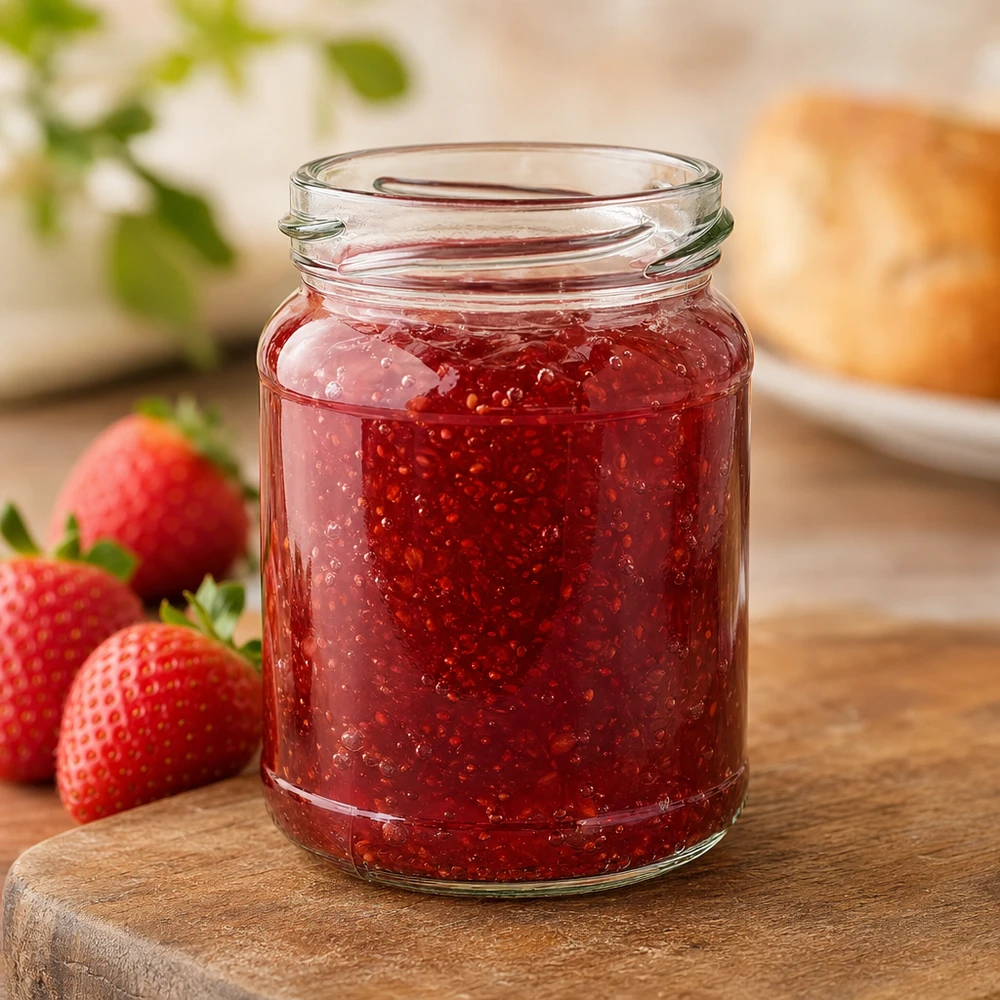 UNiTWIST Runda205 rond glas 205ml TO58 gevuld met rode aardbeienjam naast verse aardbeien op een houten plank
