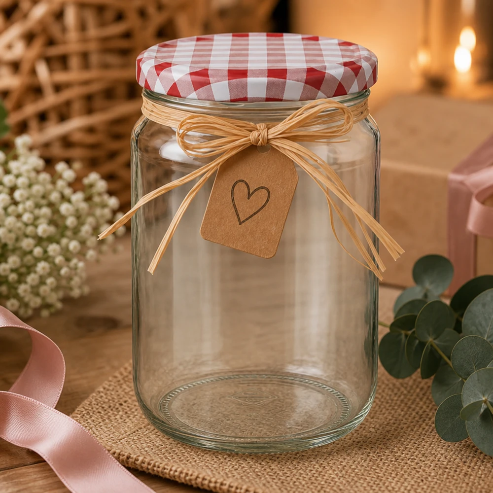 795ml rond glas met BasicSeal deksel rood/wit UNiTWIST 795 ml ronde pot met rood en wit geblokt deksel en hartvormige hanger als geschenkverpakking met romantische decoratie