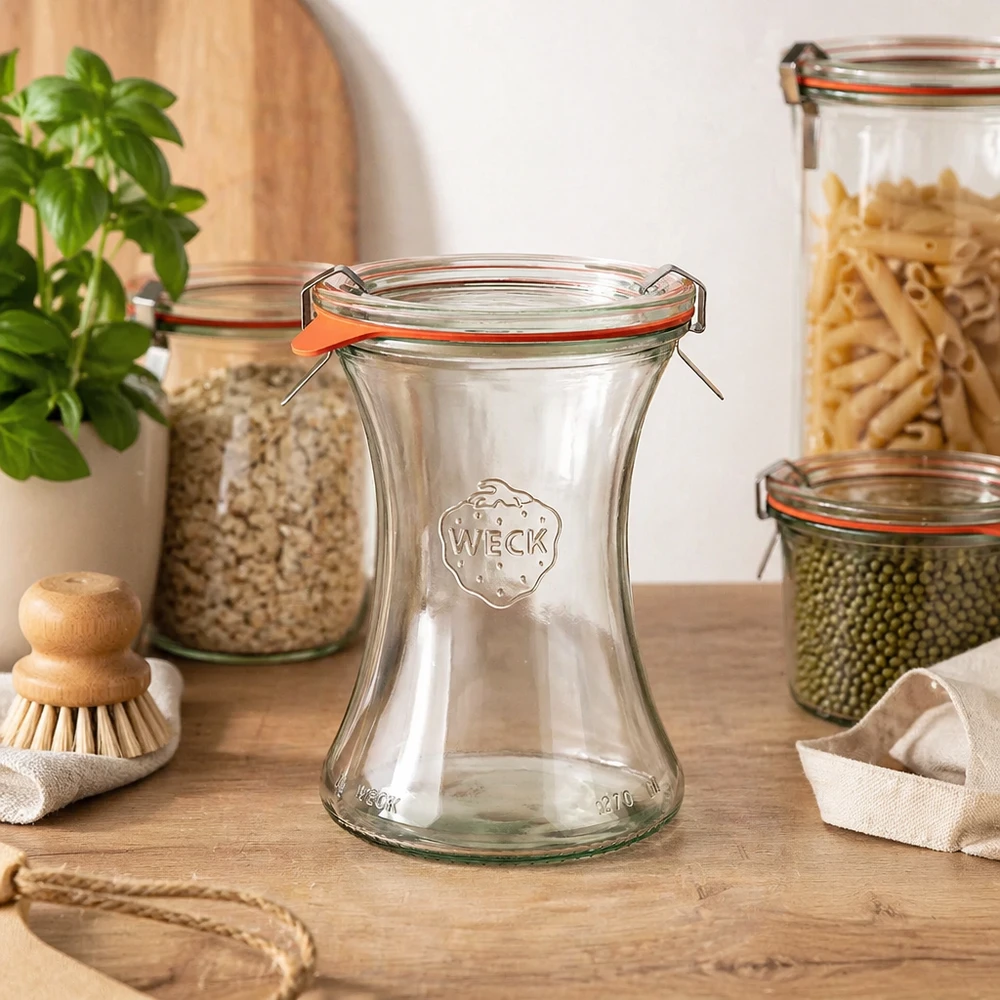 370 ml delicatessenpot, compleet WECK RR80 WECK delicatessenpot 370ml RR80 in voorraadkeuken tussen gevulde inmaakpotten met pasta linzen basilicum plant