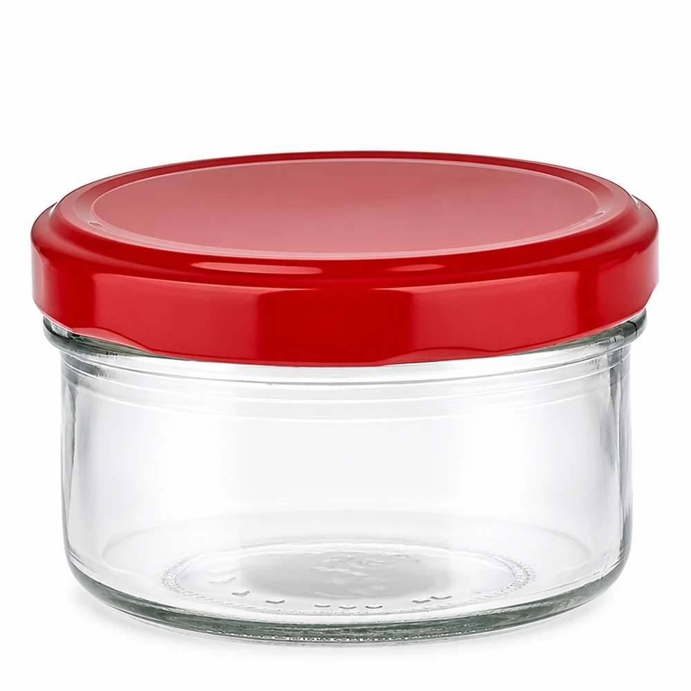 Rond glas van 186 ml + BasicSeal-deksel rood UNiTWIST Doorzichtige voorraadpot van 186 ml met felrode BasicSeal-deksel van UNiTWIST, gezien van voren
