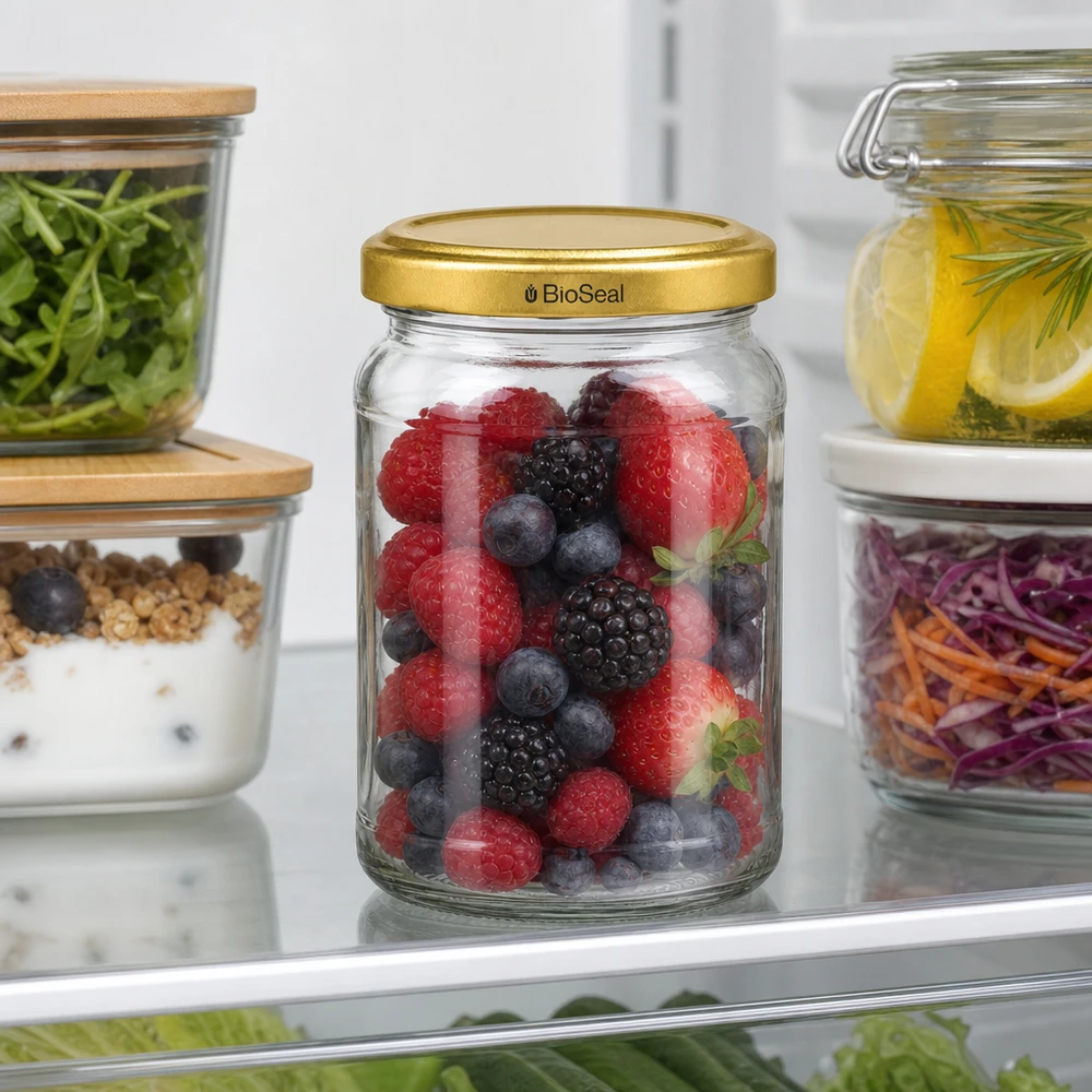 UNiTWIST Runda205 Koelkast voorraadpot gevuld met bessen TO58 BioSeal gouden deksel Meal Prep voorraadpot