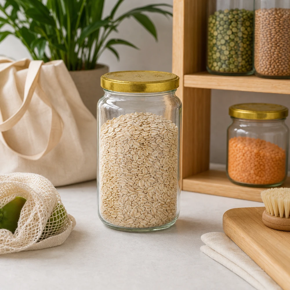 795ml rond glas met BasicSeal deksel Honingraat UNiTWIST 795 ml ronde pot gevuld met havermout in duurzame zero-waste keuken met houten plank en opbergbakjes