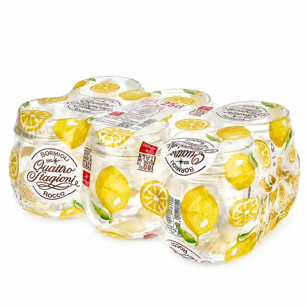 250 ml rond glas "Quattro Stagioni" met deksel 250 ml ronde pot Quattro Stagioni met citroenmotief en deksel Bormioli Rocco inmaakpot, verpakking van 6 stuks