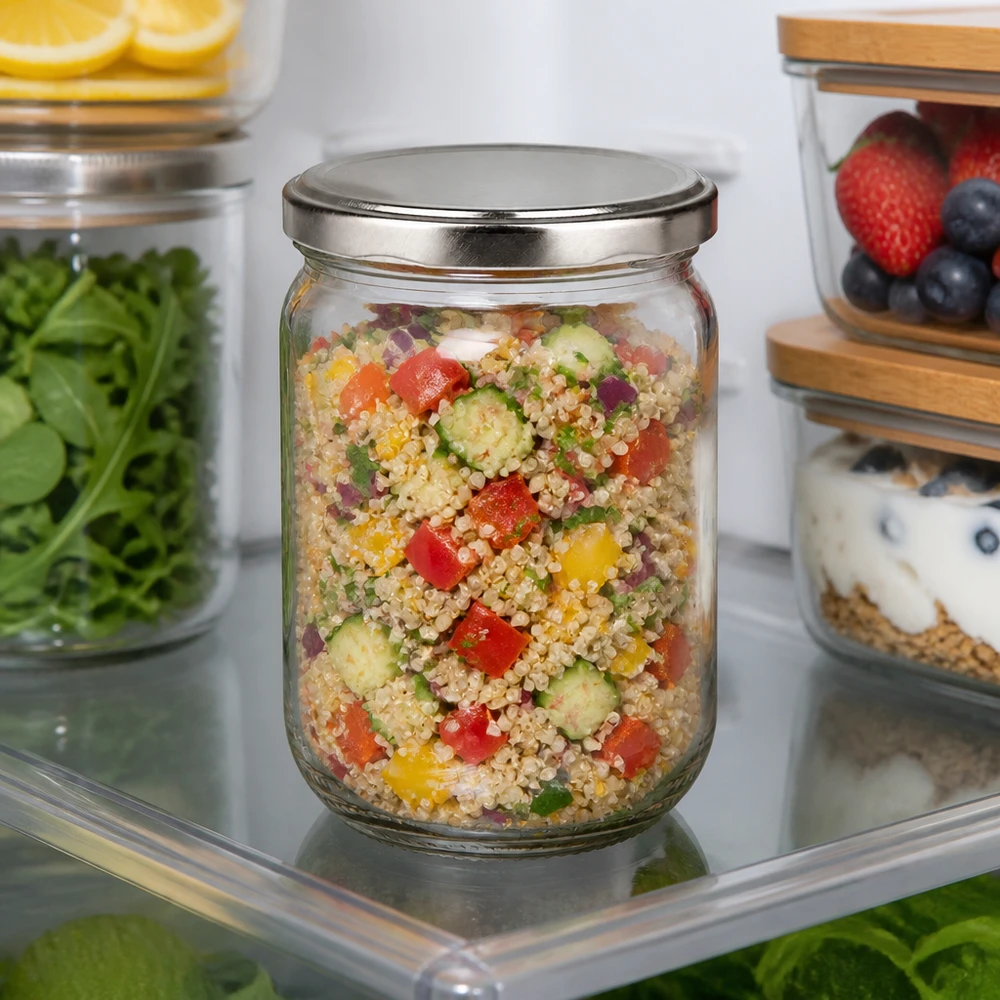 555 ml rond glazen pot + BasicSeal-deksel zilver UNiTWIST Meal Prep-pot van 555 ml met een zilveren metalen deksel, gevuld met een verse quinoasalade