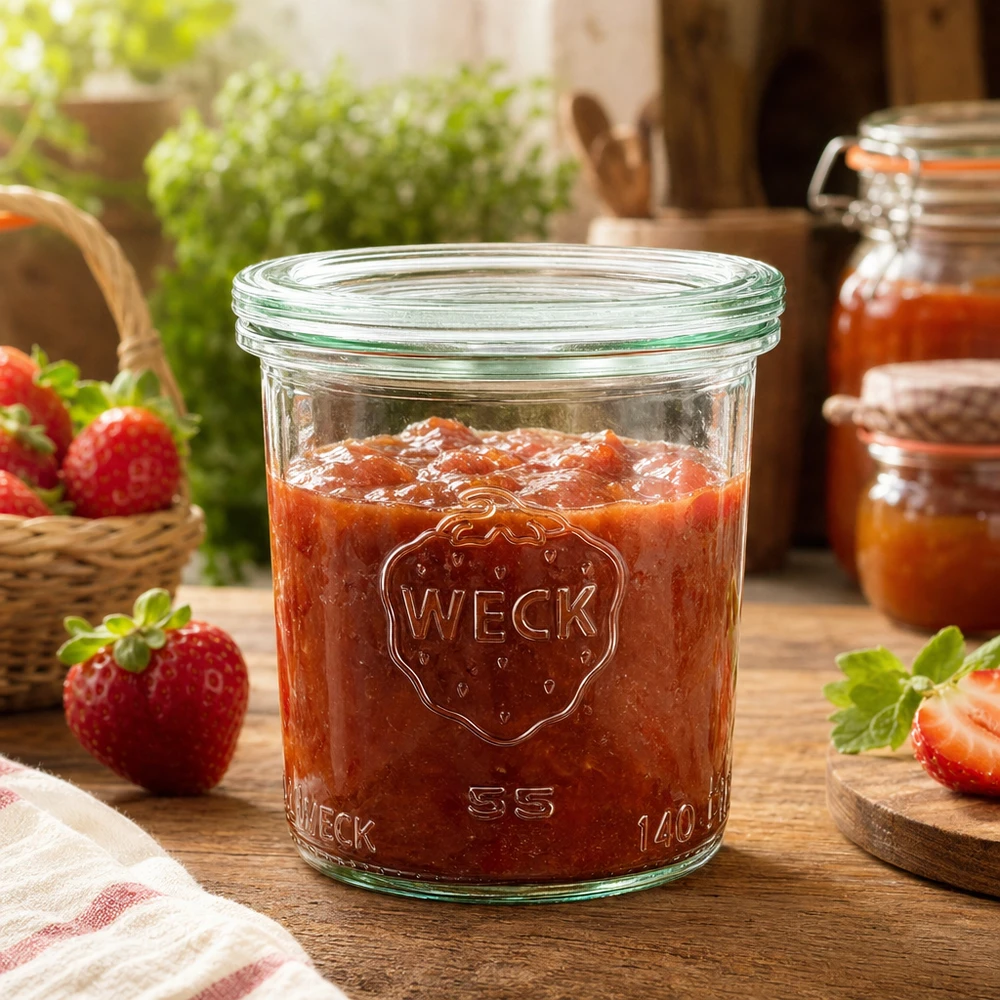 Glazen pot van 140 ml met glazen deksel WECK RR60 WECK inmaakpot 140ml RR60 gevuld met aardbeienjam op houten tafel met verse aardbeien decoratie
