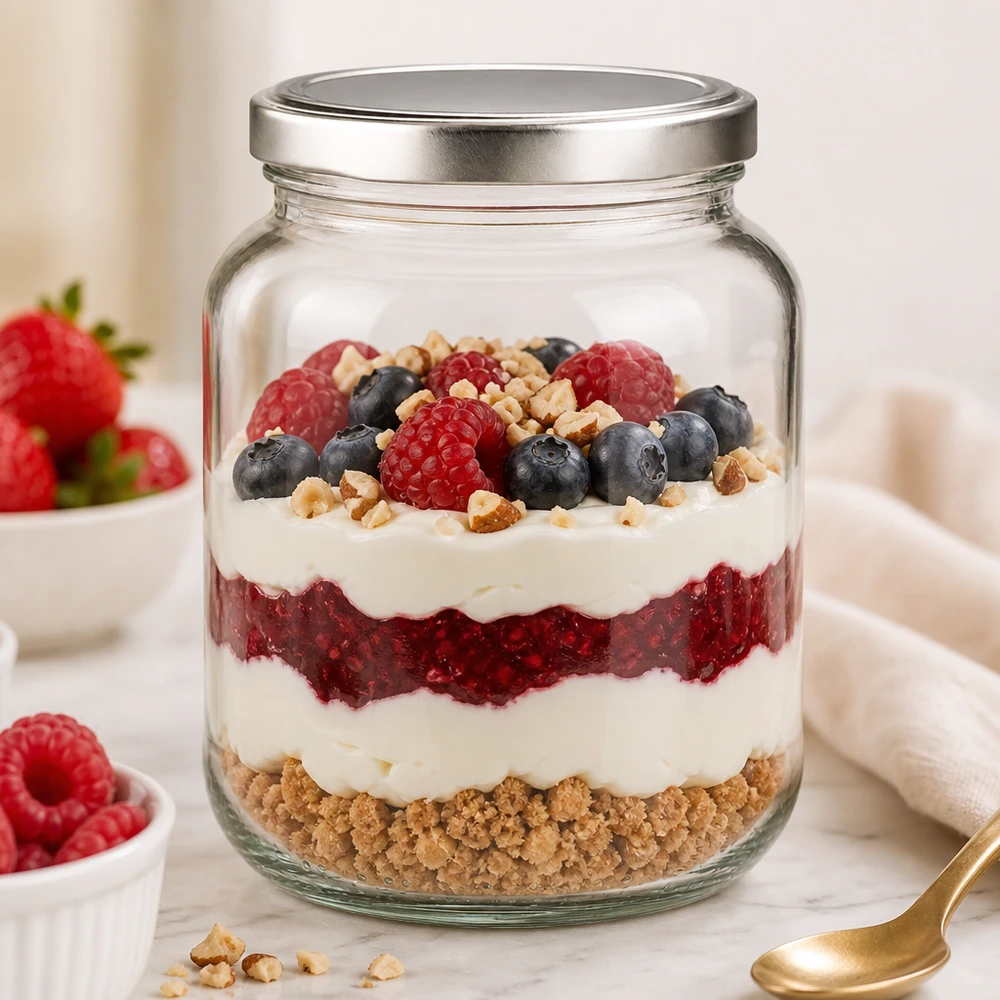 370ml ovaal glas met BasicSeal deksel zilver UNiTWIST 370ml Ovalglas BasicSeal als stylischer Dessertbehälter für geschichtetes Beerentrifle mit Joghurt und Nüssen