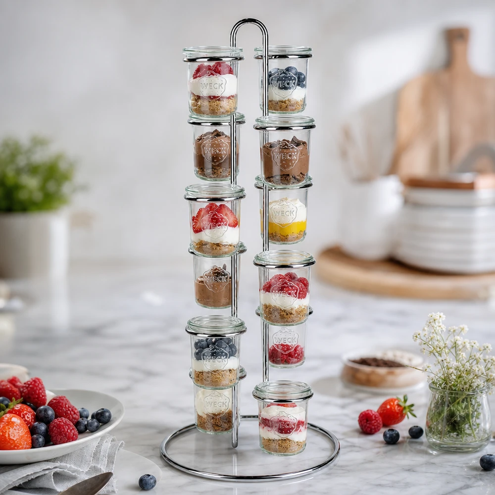 Dessertpresentatie met WECK Vertico12 serveerrek toont 12 potten yoghurt, bessen en granola op aanrecht