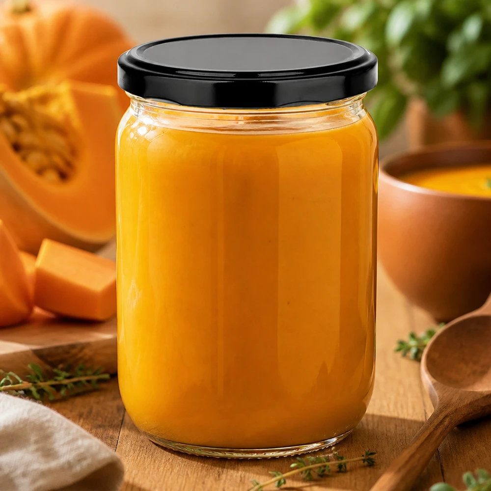 Ronde glazen pot van 555 ml met luchtdichte BasicSeal-deksel (zwart), gevuld met oranje puree