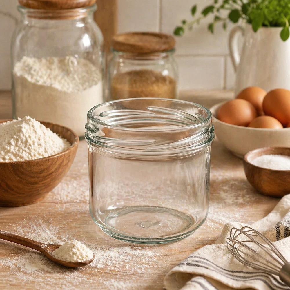 260ml beker zonder deksel (TO82) UNiTWIST UNiTWIST Sturz260 ronde pot 260ml TO82 lege inmaakpot op keukentafel met bakingrediënten bloem eieren