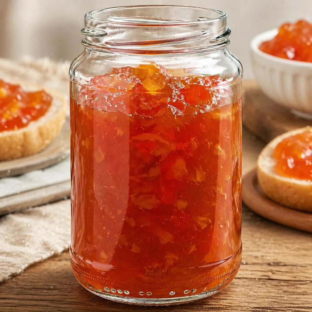 375ml rond glas zonder deksel (TO63) UNiTWIST UNiTWIST Runda375 Rundglas 375ml gefüllt mit hausgemachter Orangenmarmelade auf Holztisch neben Marmeladenbrot