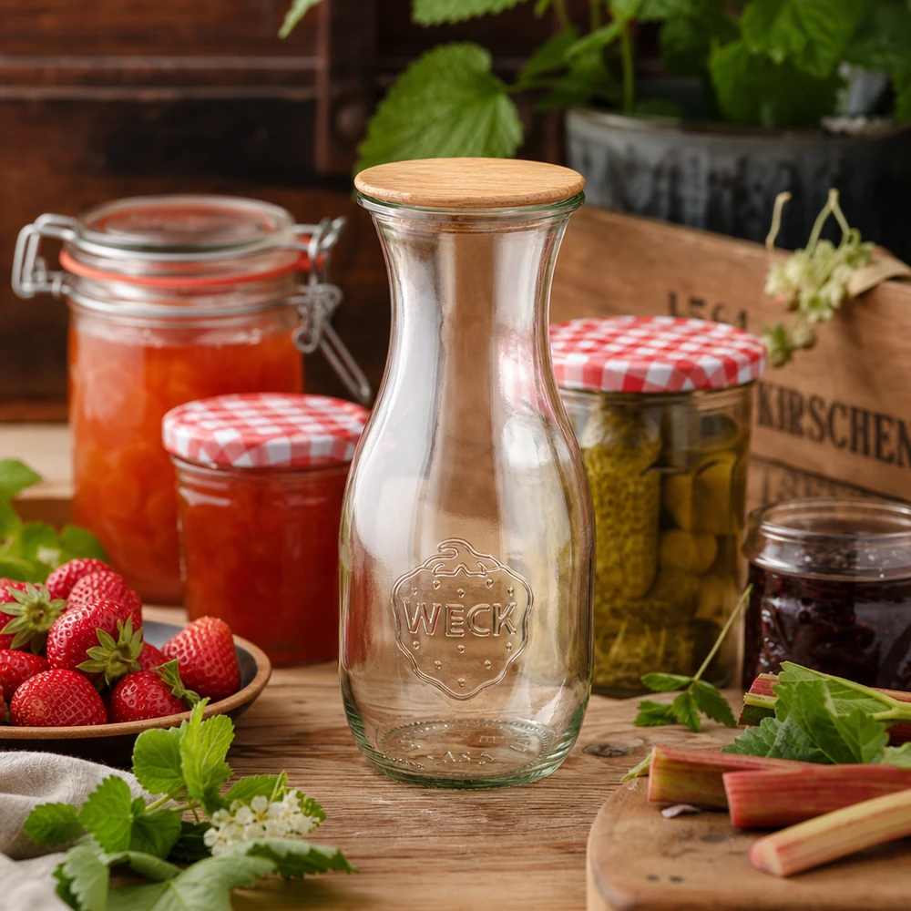 530ml sapflessen WECK RR60 met hout deksel WECK glazen fles 530ml RR60 met houten deksel in rustieke keuken naast jam aardbeien en inmaakpotten