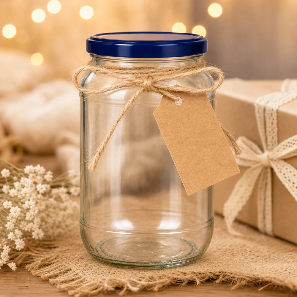 1062ml rond glas met BasicSeal deksel blauw UNiTWIST 1062ml ronde pot BasicSeal blauw deksel UNiTWIST geschenkverpakking Kraftpapier etiket Jute lint Decoratie