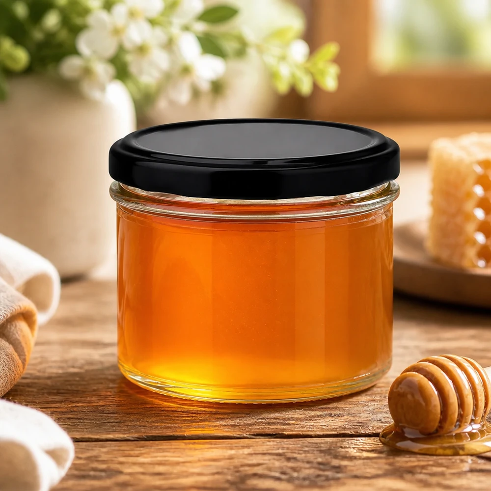 225ml bekers met BasicSeal deksel zwart UNiTWIST 225ml Sturzglas mit schwarzem Deckel gefüllt mit goldenem Honig auf Holztisch mit Honiglöffel - perfekt für Honigabfüllu