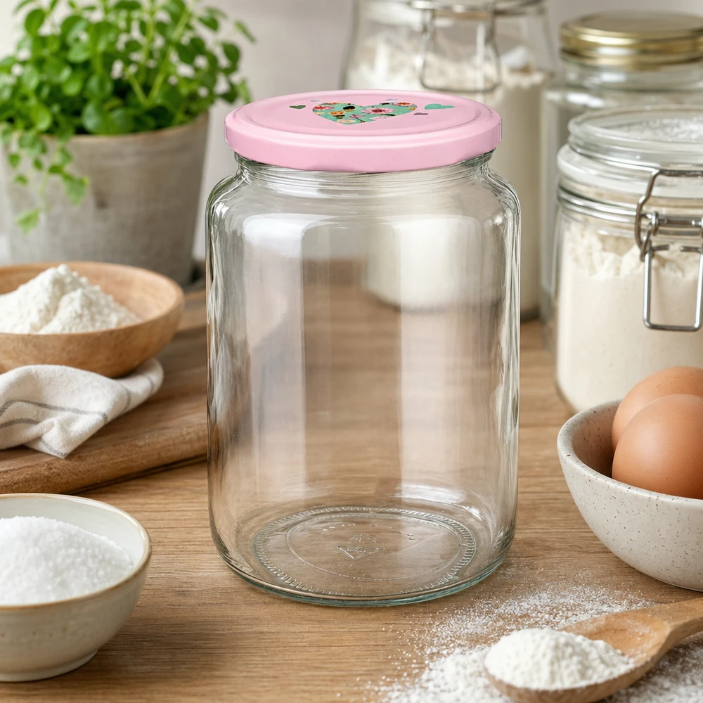 795 ml ronde pot + BasicSeal-deksel roze hart UNiTWIST Leeres Rundglas 795ml mit rosa BasicSeal Deckel in Küchenszenerie zwischen Backzutaten Mehl und Eiern auf Holzbrett