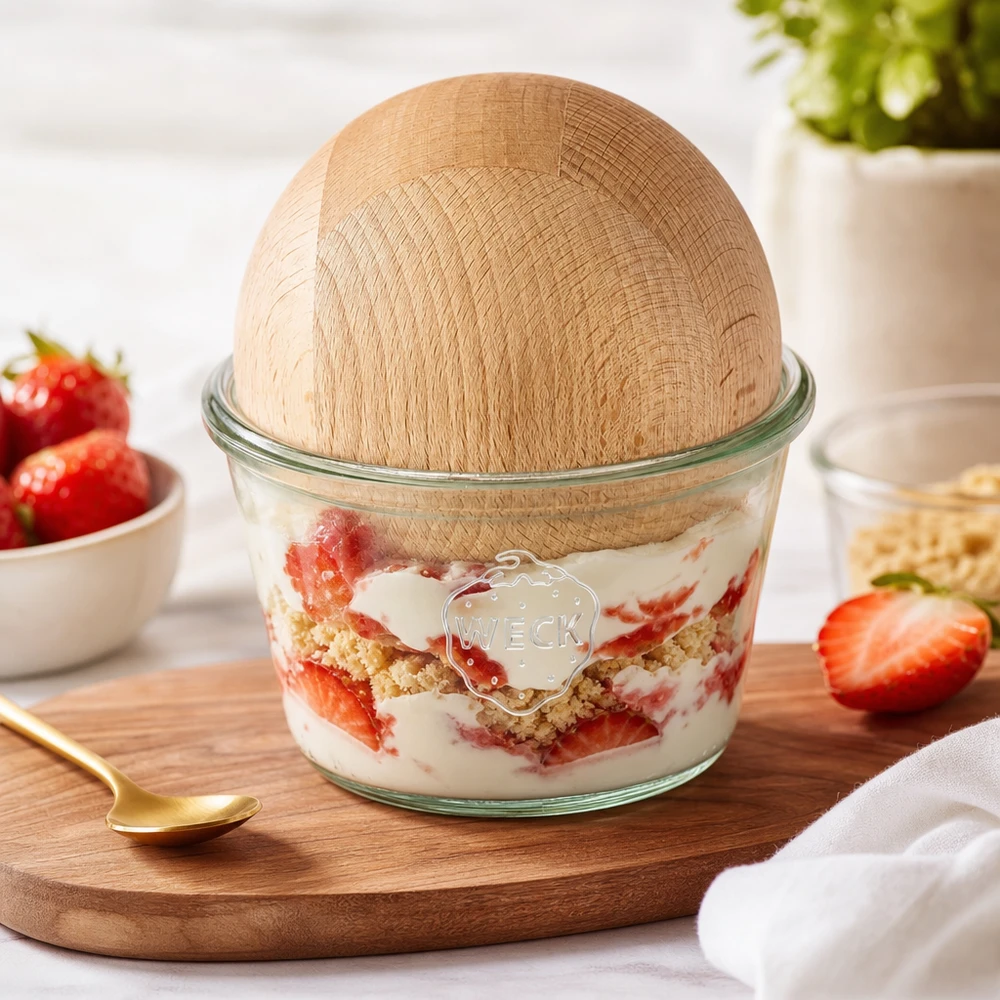 370ml stortglas WECK RR100 met houten bal WECK RR100 pot 370ml gevuld met aardbeientoetje Beukenhouten boldeksel Gelaagd dessert Serveertoetje