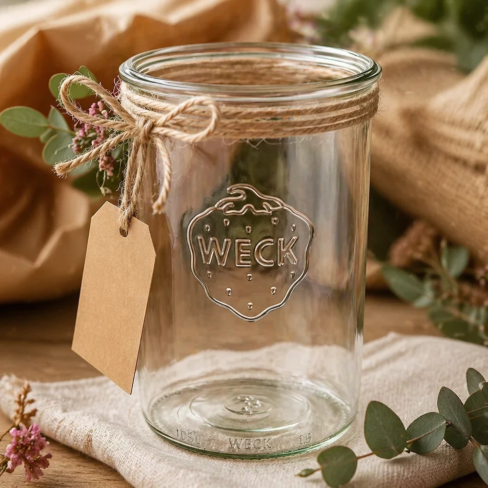 WECK RR100-pot van 1000 ml 1000ml WECK RR100 inmaakpot met jute koord en hanger gedecoreerd op een rustieke houten tafel