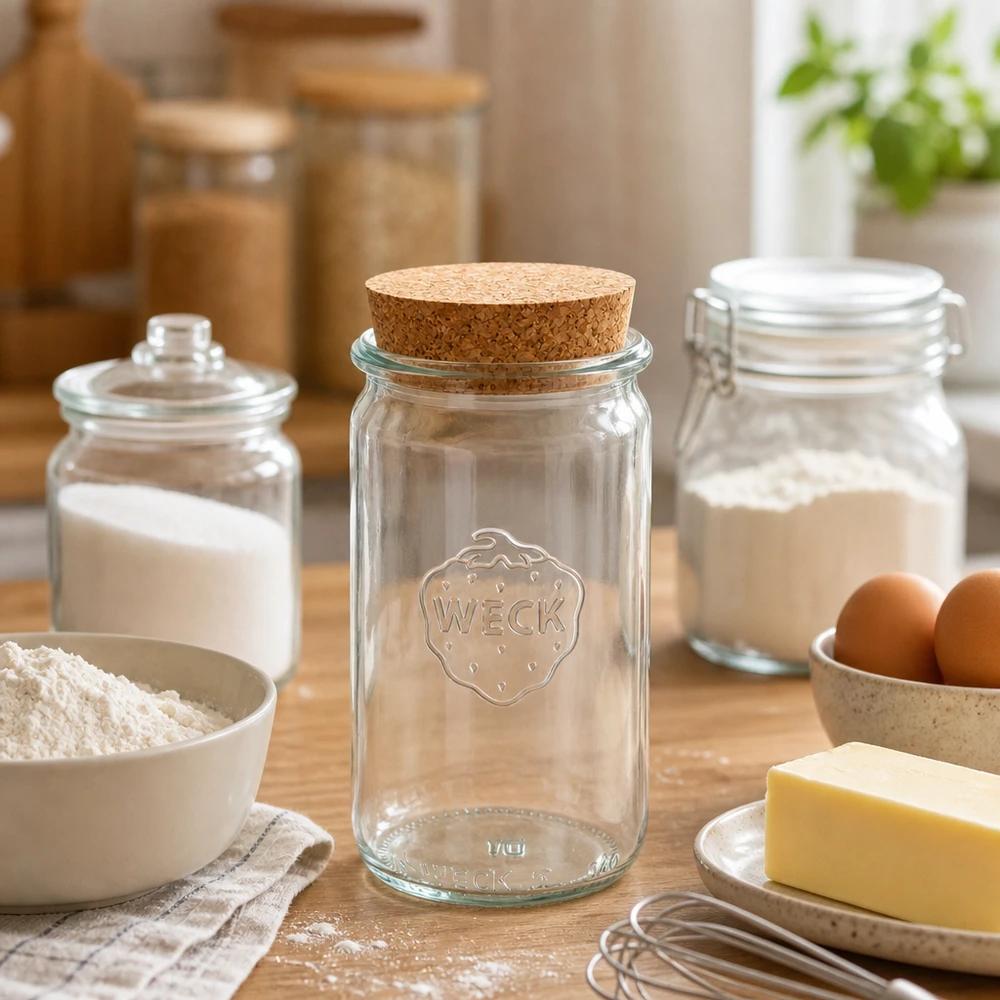 340ml cilinderglas WECK RR60 met kurk WECK inmaakpot 340ml RR60 met kurk tussen bakingrediënten bloem boter eieren als praktische keuken voorraadpot