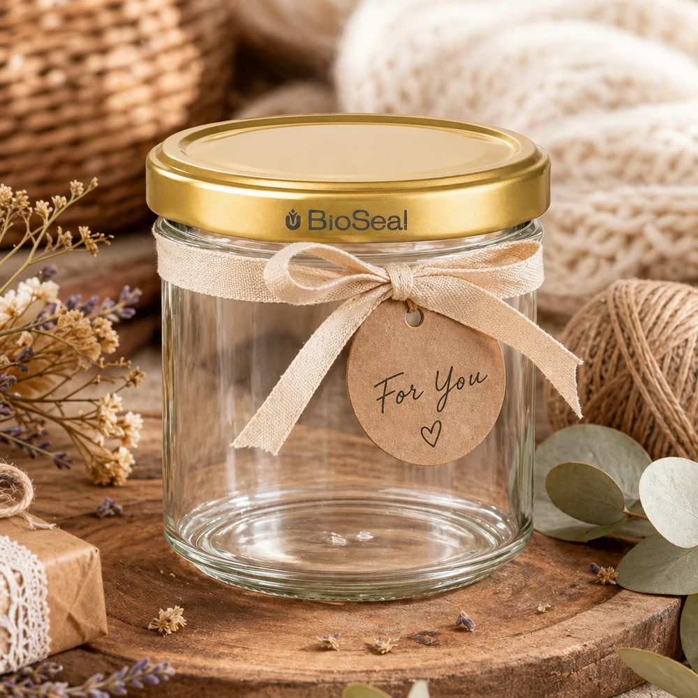 Honingpot 200 g met gouden BioSeal UNiTWIST-deksel 200g honingpot leeg BioSeal gouden deksel als geschenk versierd met strik en For You label