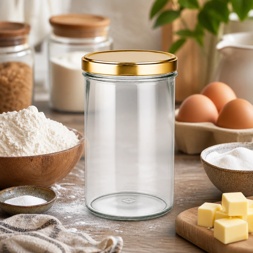 277ml bekers met BasicSeal deksel goud UNiTWIST 277ml glazen pot met gouden deksel in keuken met bakingrediënten bloem eieren boter als voorraadpot voor bakken