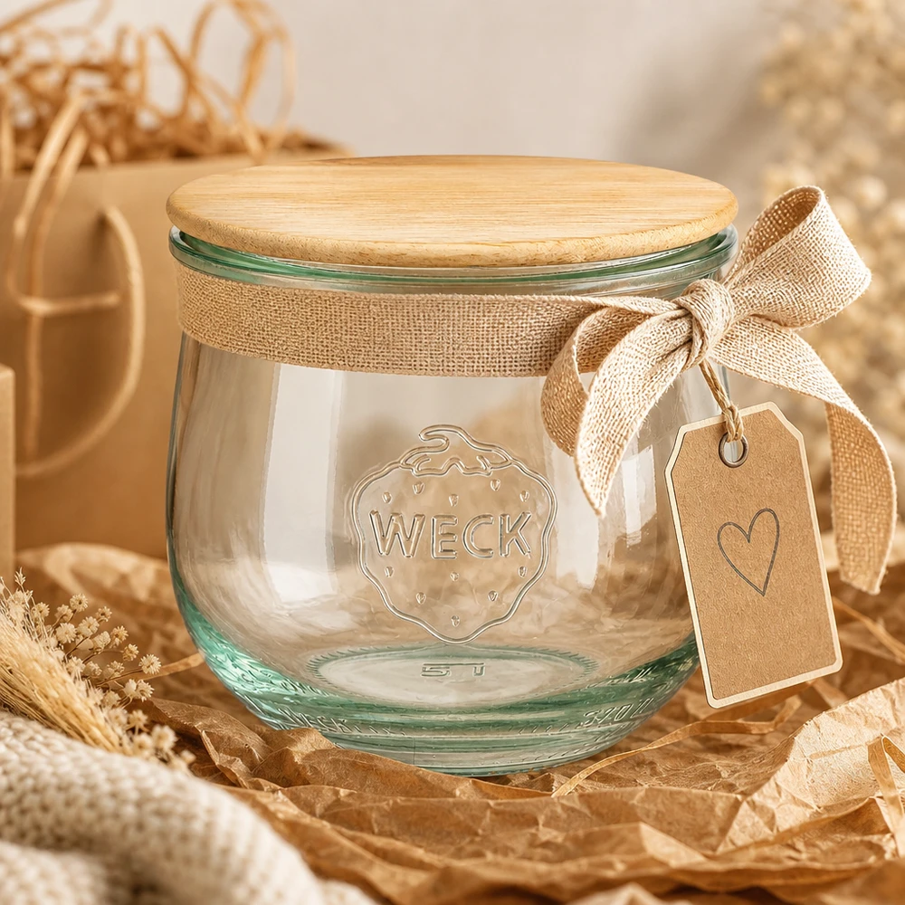 370ml tulpenglas WECK RR80 met hout deksel WECK RR80 370ml tulpenpot als geschenkverpakking met jute strik en label op natuurlijke decoratiematerialen