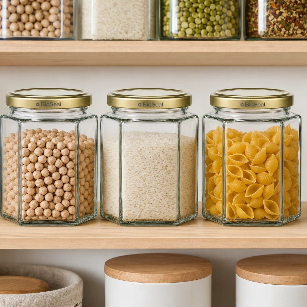 Honingpot 520 g met gouden BioSeal UNiTWIST-deksel 520g BioSeal honingpotten zeshoekig met gouden deksel in voorraadkast gevuld met kikkererwten rijst en pasta