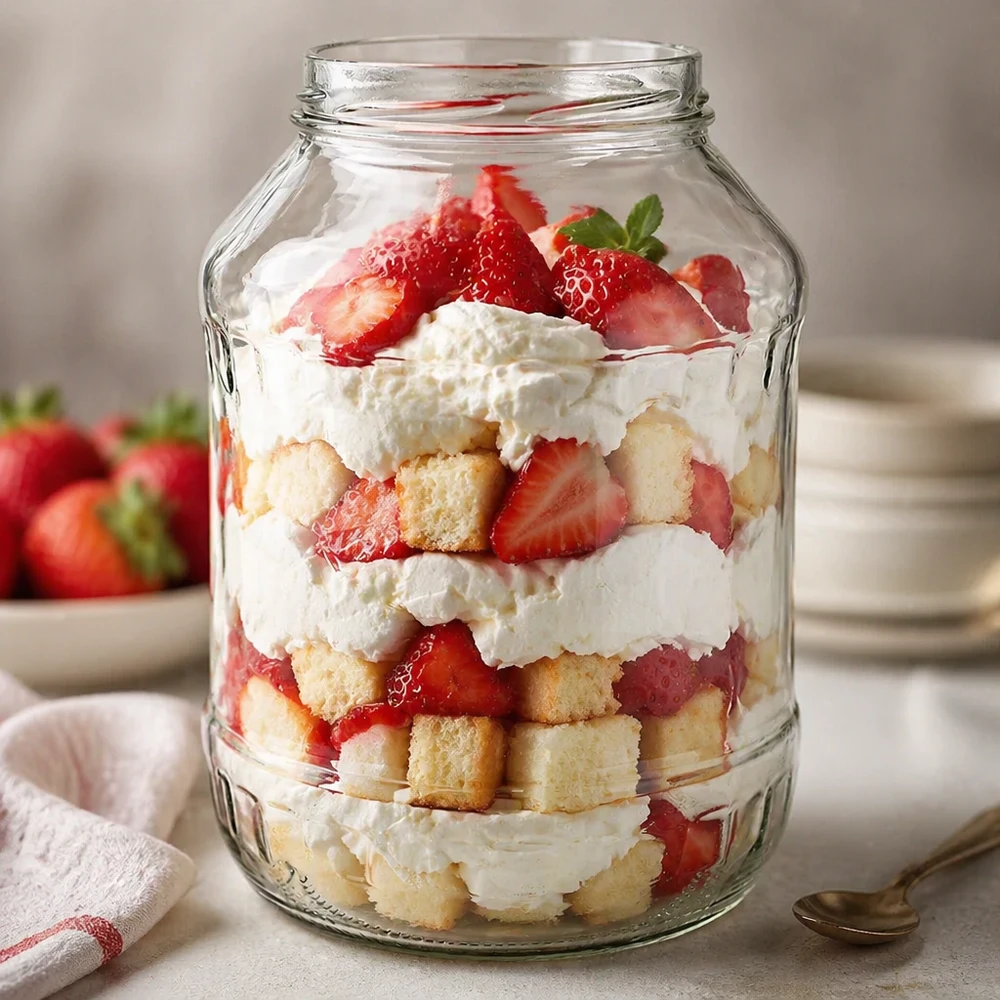 UNiTWIST Runda2650 bekers 2650ml met gelaagd dessert van aardbeien, room en stukjes cake TO100 dessertglas met schroefdraad