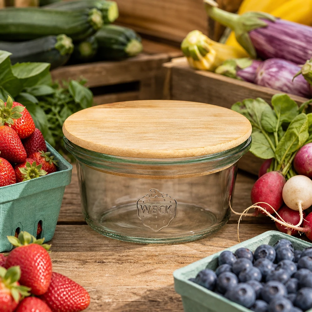 WECK mini mason jar 50ml met bamboe deksel omringd door vers fruit en groenten op een houten tafel in boerderijstijl