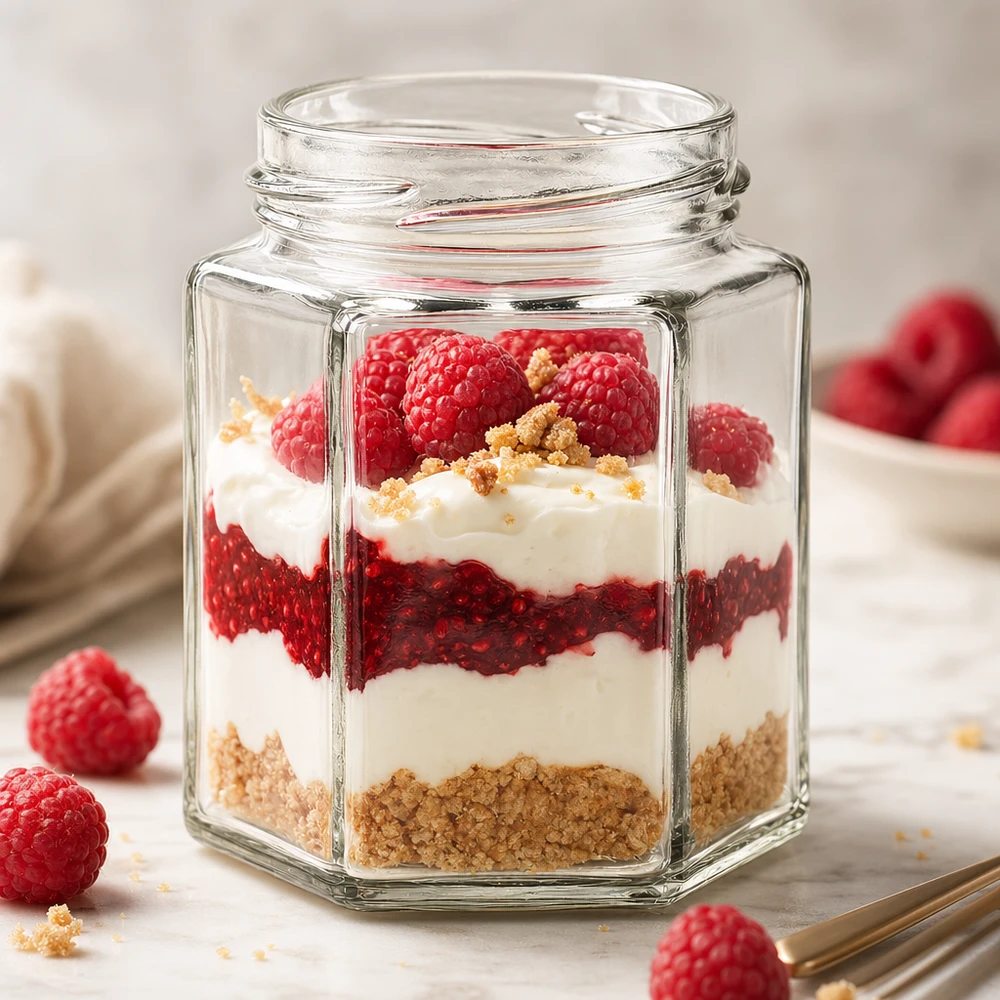 196ml hexaglas zonder deksel (TO58) UNiTWIST UNiTWIST Hexa196 zeshoekig glas 196ml gevuld met een gelaagd dessert van bessen, yoghurt en koekkruimels