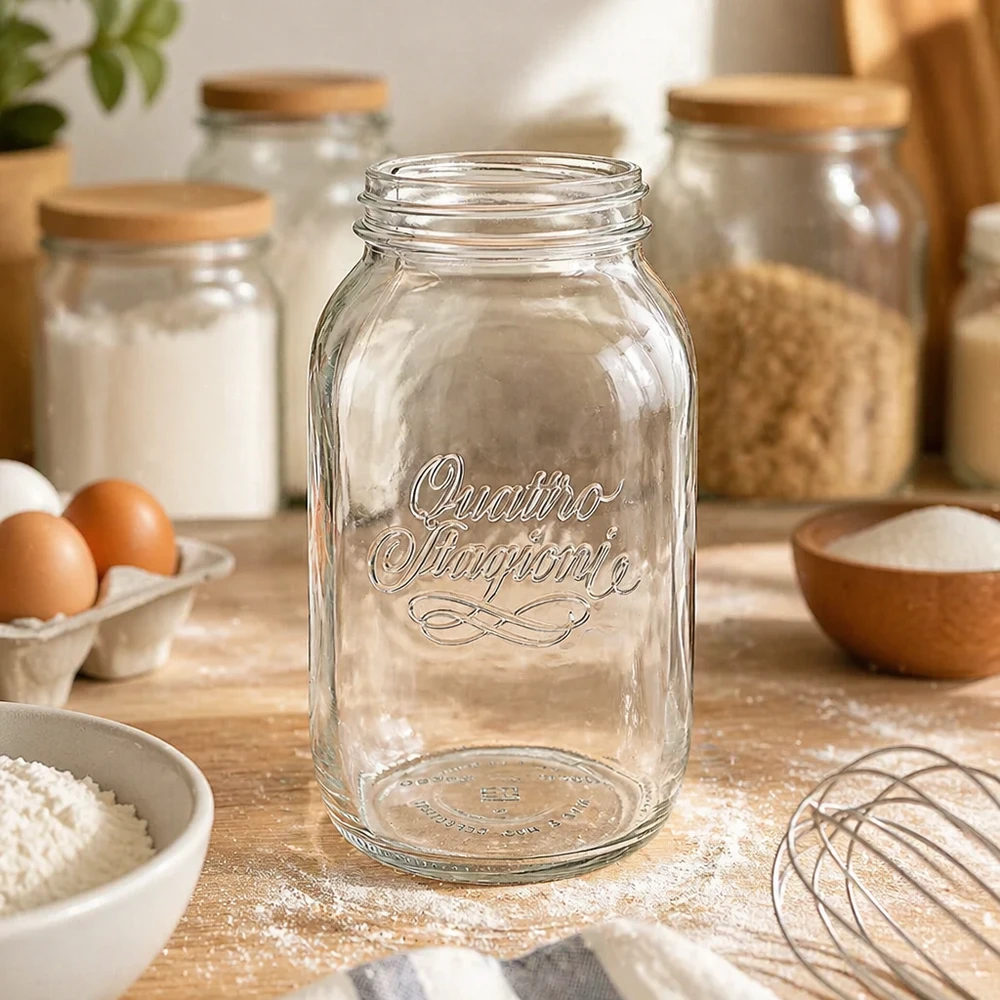 1500ml Quattro Stagioni huishoudpot met schroefdop op houten tafel met bakingrediënten en keukengerei