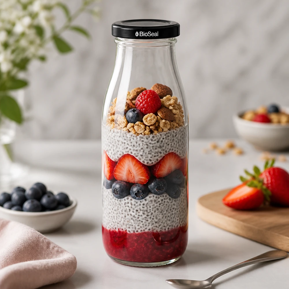 500ml fles met BioSeal deksel zwart UNiTWIST 500ml glazen fles gevuld met chia pudding gelaagd dessert - bessen noten en BioSeal deksel voor gezonde maaltijden