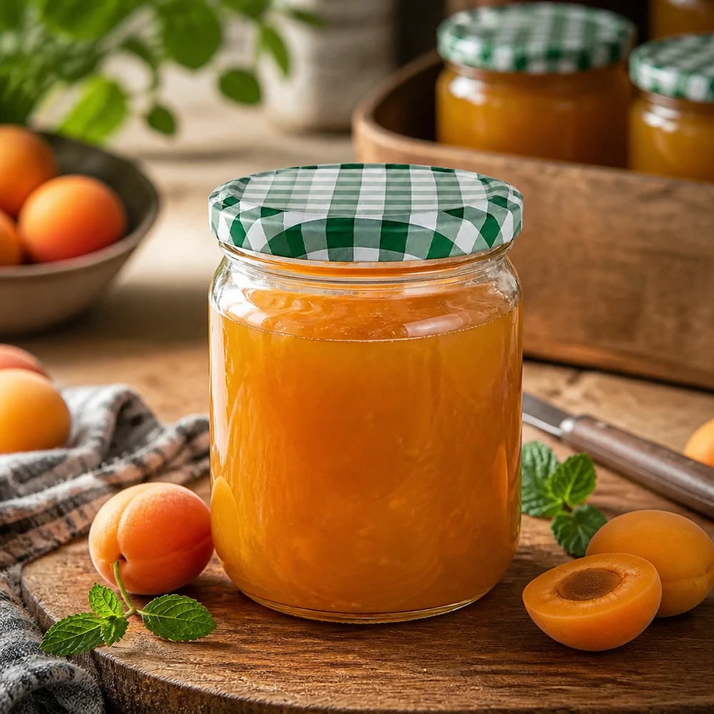 425ml Rundglas mit grün-weißem BasicSeal Deckel gefüllt mit Aprikosenmarmelade umgeben von frischen Aprikosen