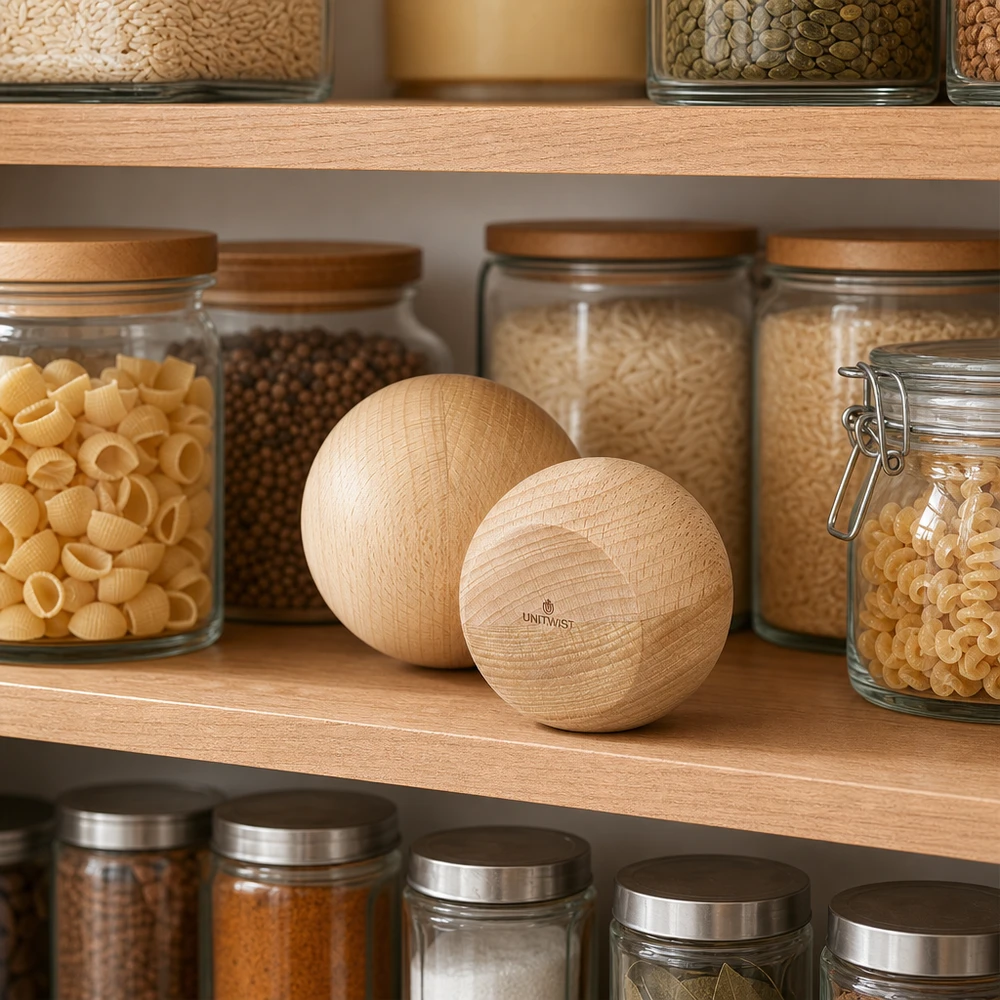 UNiTWIST Houten bal WECK RR80 UNiTWIST houten ballen van beukenhout in een stijlvolle voorraadkast met WECK potten - duurzame opslag voor de keuken