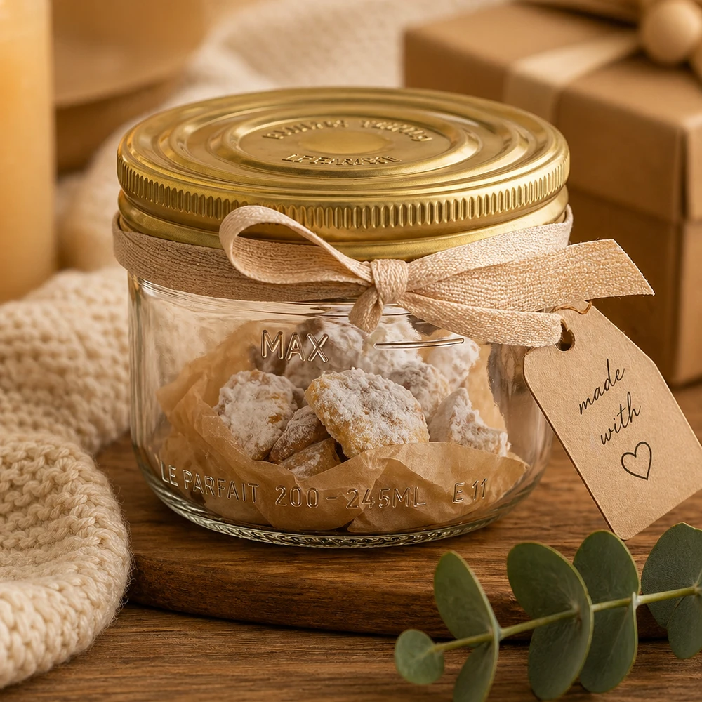 Le Parfait® Familia Wiss 200 g Ø82 mm pot 245ml Familia Wiss bekers met gouden deksel gevuld met witte snoepjes en cadeaulint op een houten tafel