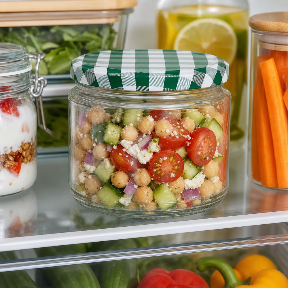 330ml rond glas met BasicSeal deksel groen/wit UNiTWIST 330ml Rundglas mit Kichererbsen-Salat im Kühlschrank, grün-weißer BasicSeal Deckel, Meal Prep und Frischhaltung