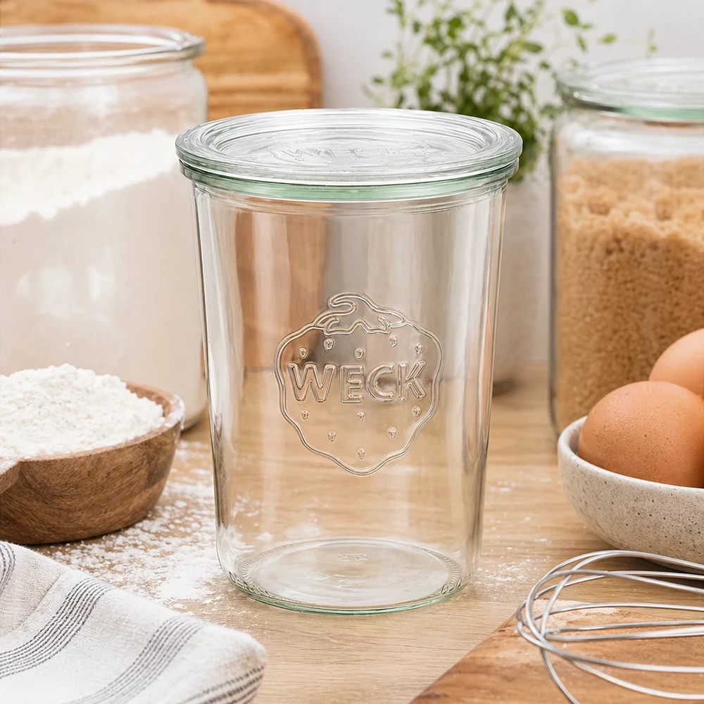 WECK RR100 glazen pot van 850 ml met glazen deksel WECK inmaakpot 850ml RR100 in keukenomgeving met meel eieren en keukengerei tuimelpot met glazen deksel