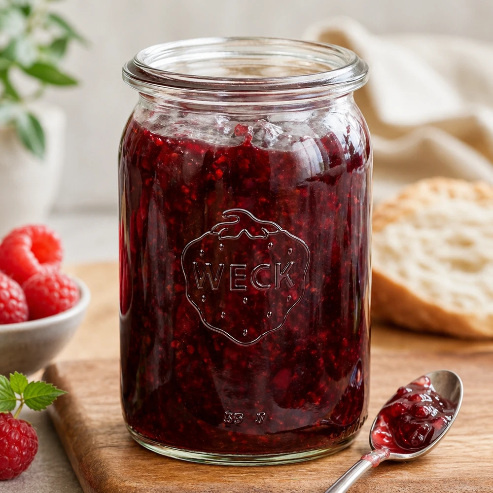 145ml cilinderglas WECK RR40 WECK RR40 inmaakpot 145ml gevuld met rode jam en lepel op houten plank naast aardbeien en brood