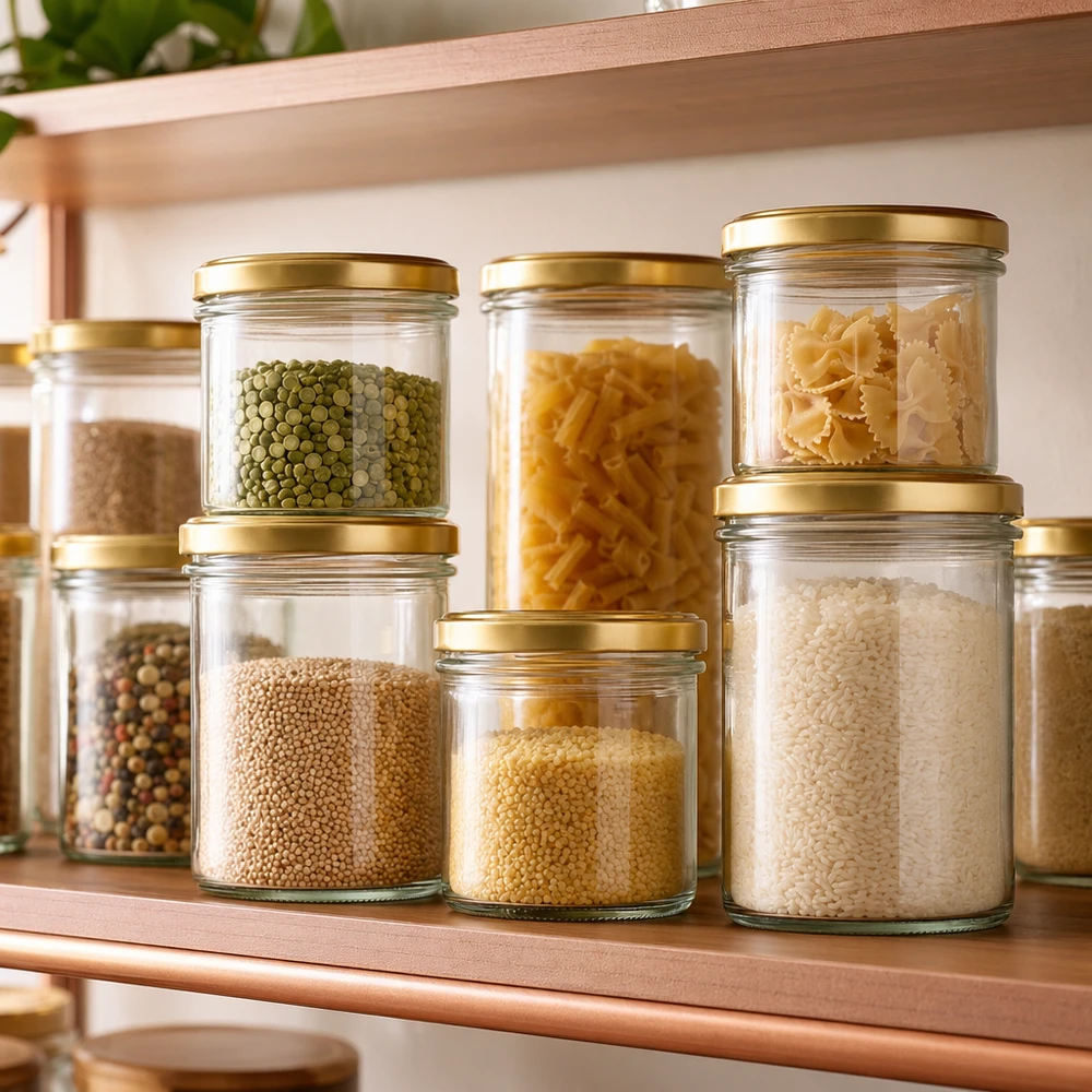 125ml bekers met BasicSeal deksel goud UNiTWIST 125ml Sturzgläser mit BasicSeal Deckel gold zur stilvollen Aufbewahrung von Pasta, Reis und Hülsenfrüchten im Vorratssch