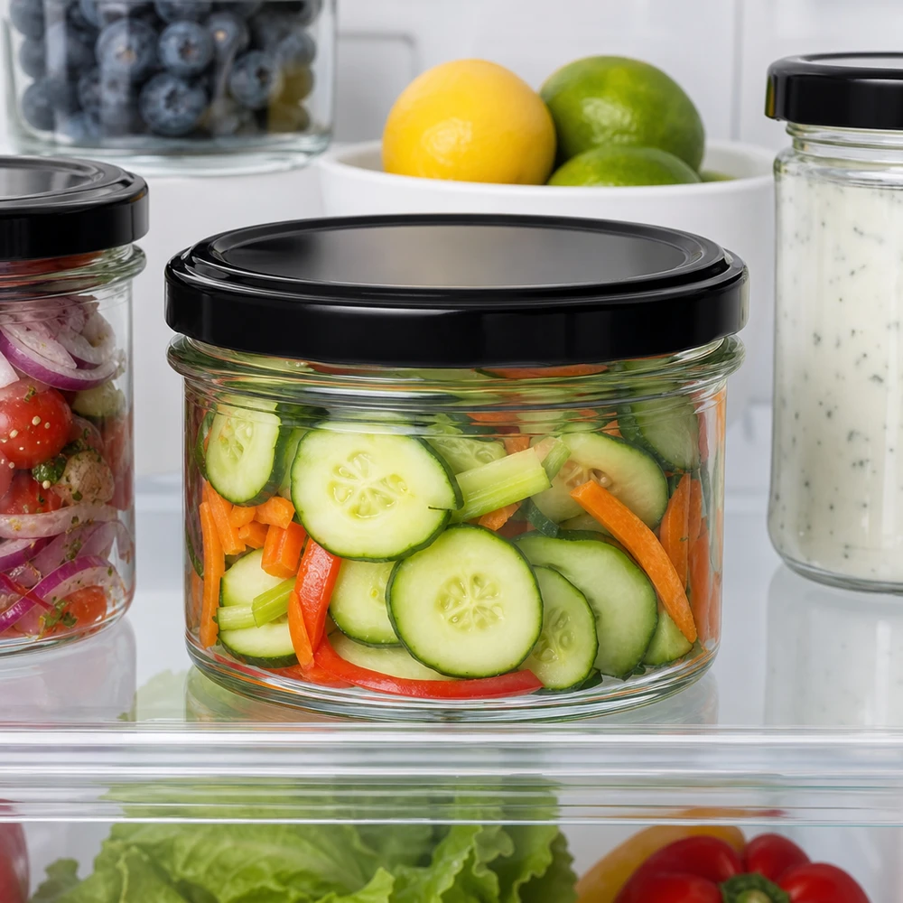 225ml bekers met BasicSeal deksel zwart UNiTWIST 225ml Sturzglas mit schwarzem Deckel im Kühlschrank - praktische Aufbewahrung für Gemüse-Snacks und Meal Prep