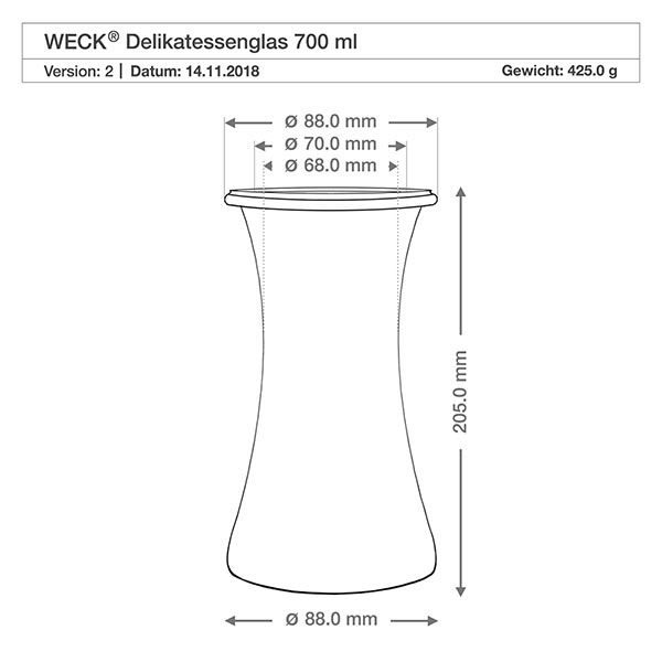 700ml delicatessenglas WECK RR80 met kurk WECK RR80 Delikatessenglas 700ml technische Zeichnung mit Maßangaben Durchmesser 88mm Höhe 205mm Gewicht 425g