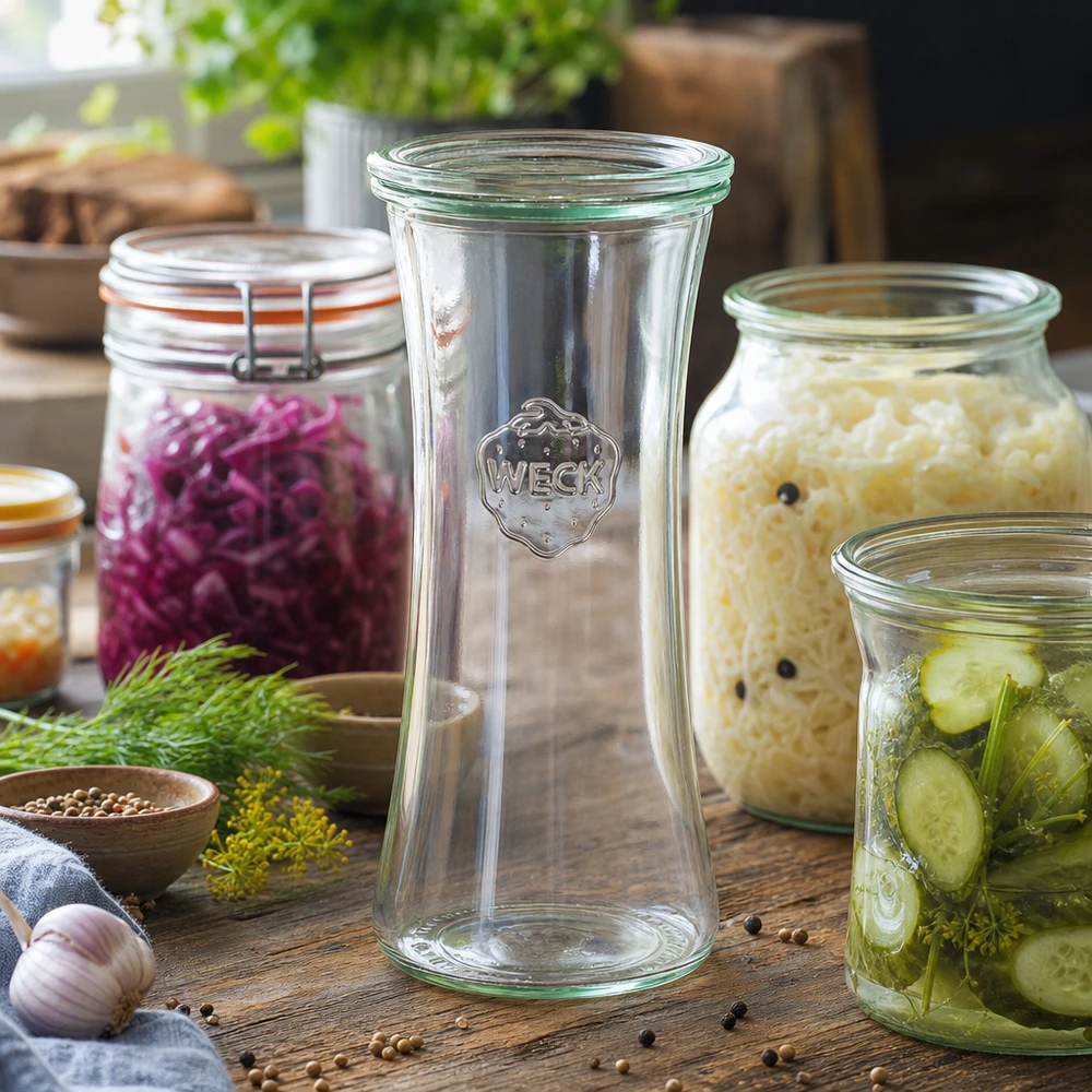 700ml delicatessenglas met glazen deksel WECK RR80 WECK Delikatessenglas 700ml RR80 umgeben von selbstgemachten Fermentationsprodukten wie Sauerkraut und eingelegten Gurke