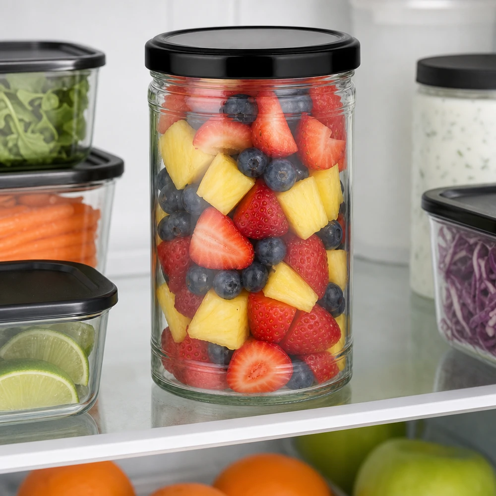 1053ml beker met BasicSeal deksel zwart UNiTWIST 1053ml tuimelpot met zwart deksel vol fruitsalade in de koelkast naast andere voorraadpotten met groenten