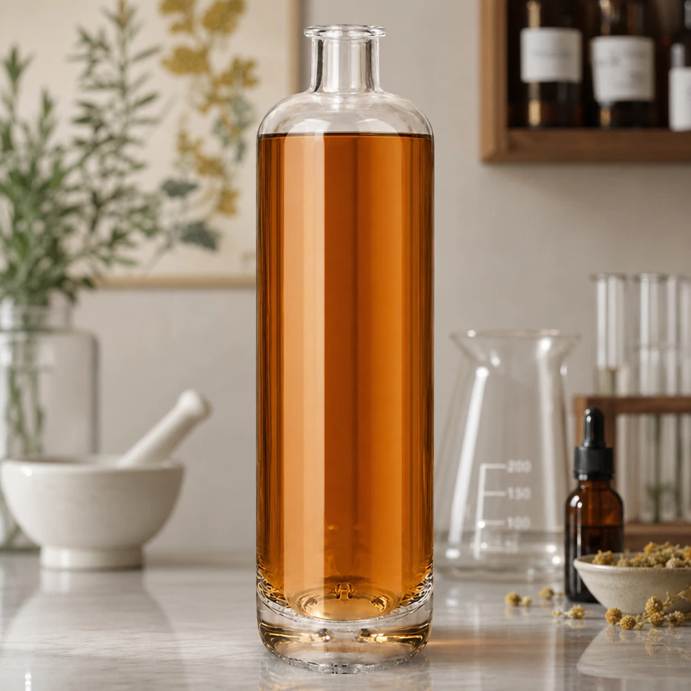 700ml Ella glazen fles gevuld met amberkleurige vloeistof tussen laboratoriumglaswerk en gedroogde kruiden