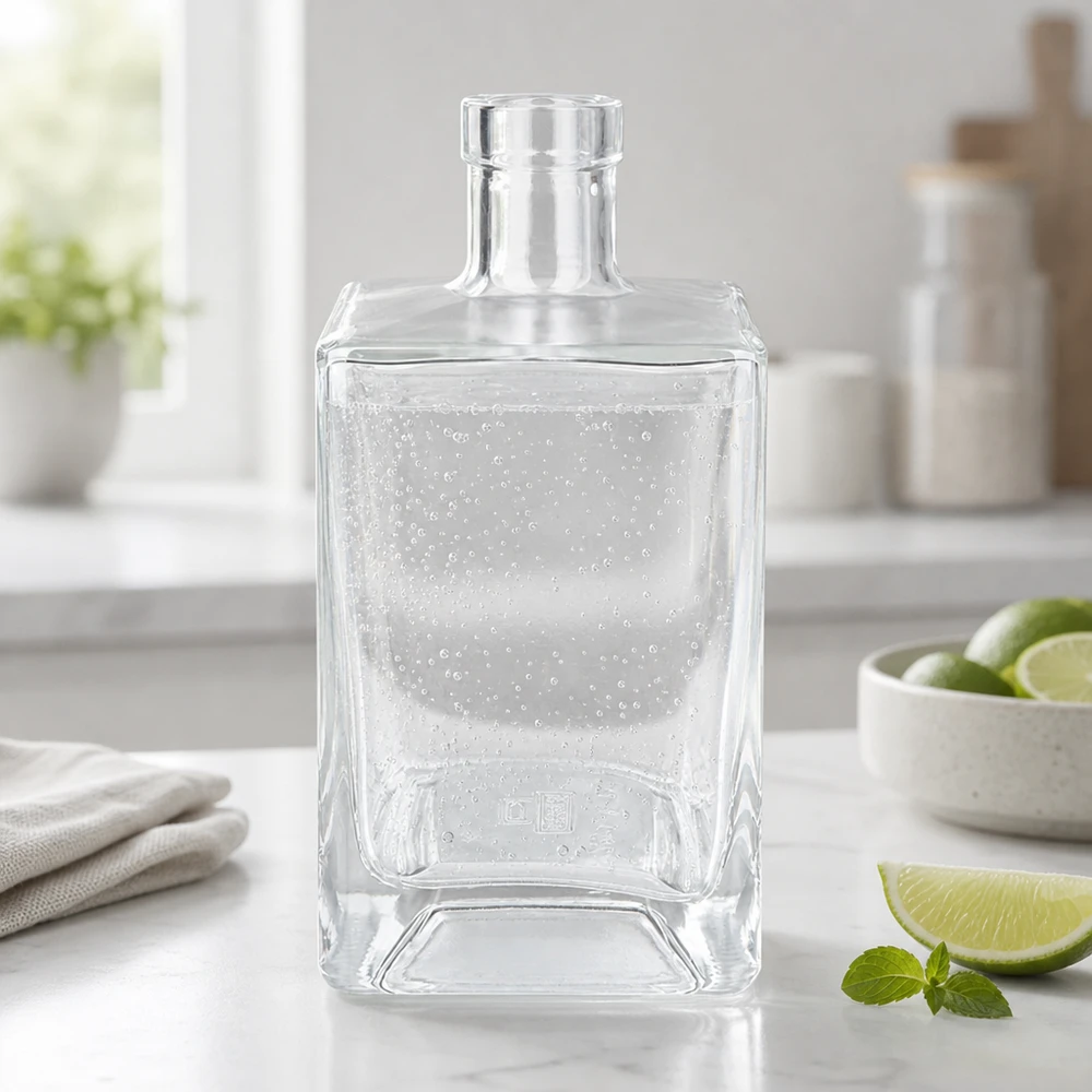 700 ml glazen fles Ben zonder sluiting UNiTWIST® 700 ml glazen Ben-fles gevuld met mineraalwater verfrissend in moderne keukens naast limoenen en munt
