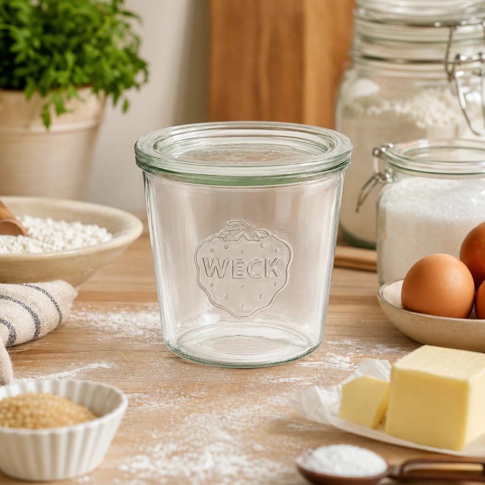 WECK RR100 glazen pot van 580 ml met glazen deksel WECK 580 ml beker RR100 leeg op houten werkblad tussen bakingrediënten zoals bloem, eieren en boter in de keuken