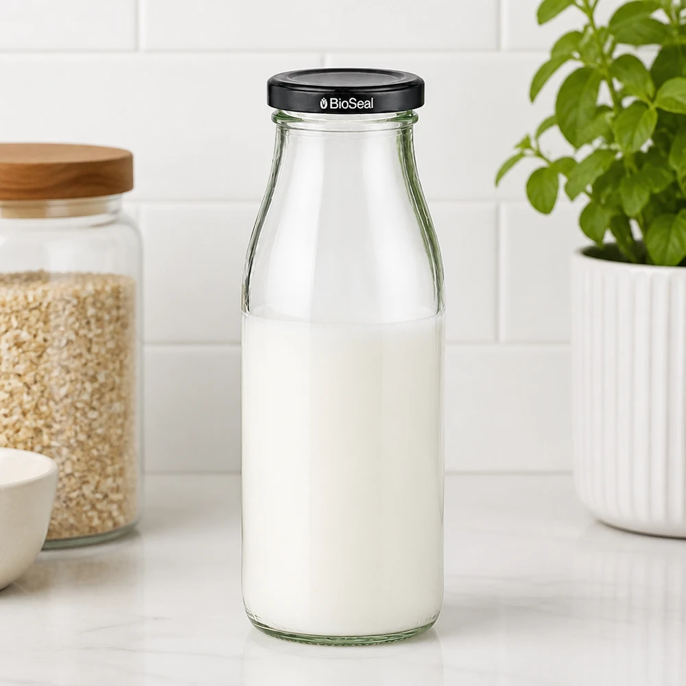 500ml fles met BioSeal deksel zwart UNiTWIST Glazen fles van 500 ml gevuld met melk en zwart BioSeal deksel op keukenblad naast voorraadpotten