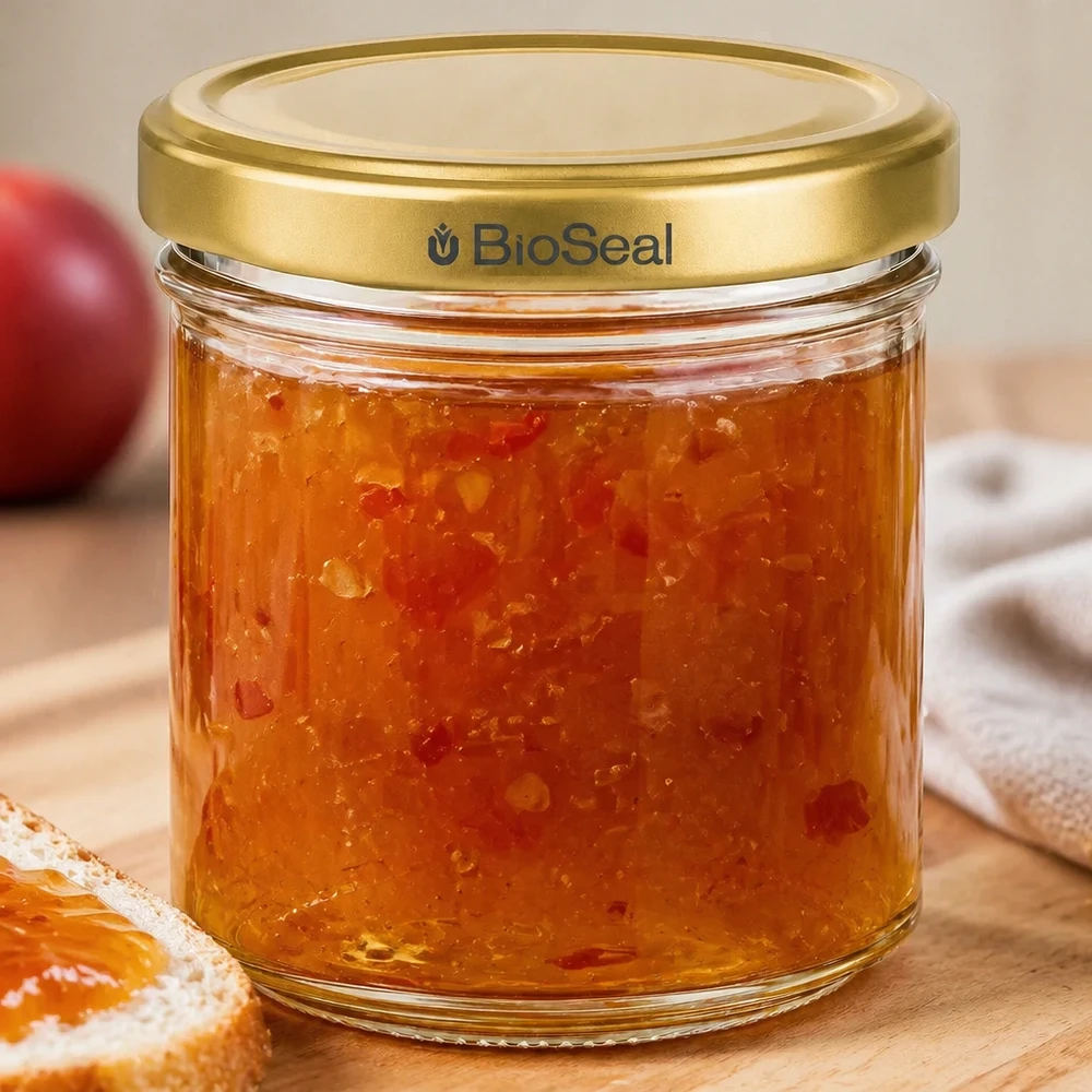 BioSeal 200g pot gevuld met abrikozenjam gouden deksel op houten tafel met toast en fruit op de achtergrond