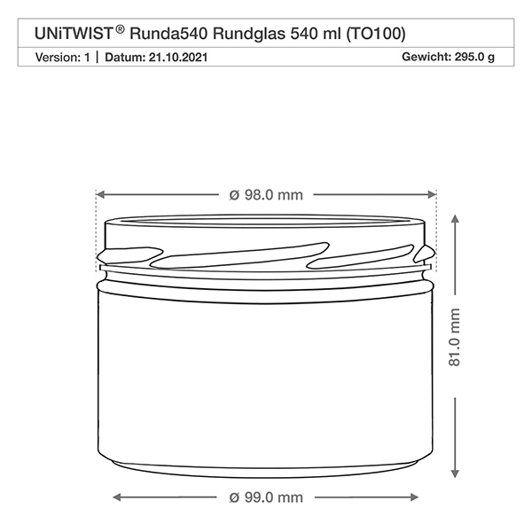 540ml rond glas zonder deksel (TO100) UNiTWIST UNiTWIST Runda540 bekers 540ml TO100 technische tekening afmetingen diameter 98mm hoogte 81mm productspecificatie