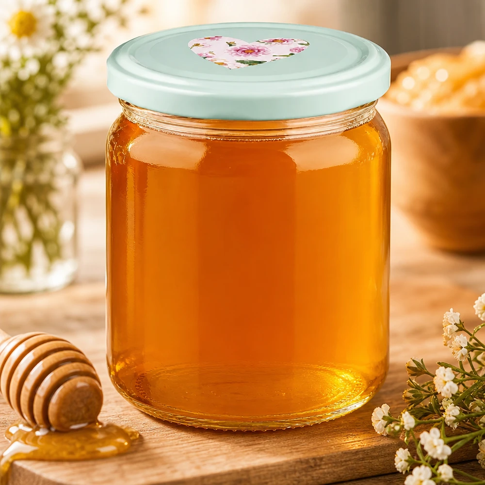 Ronde pot van 408 ml + deksel BasicSeal mint hart UNiTWIST 408ml Rundglas mit mint BasicSeal Herzdeckel voller goldener Honig, dekoriert mit Honiglöffel und Blüten